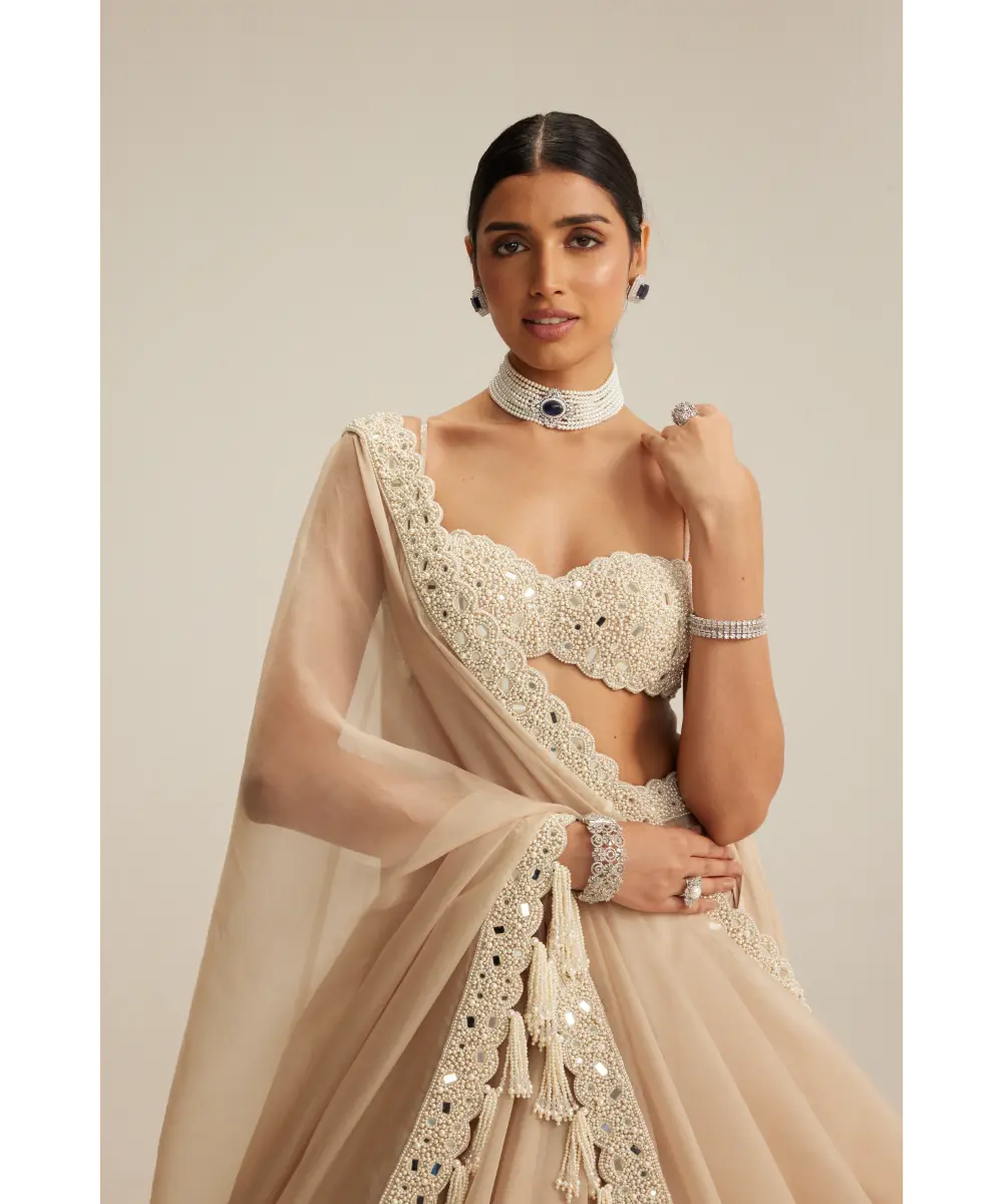 VVANI VATS- Light Beige Organza mirror and pearl lehenga set